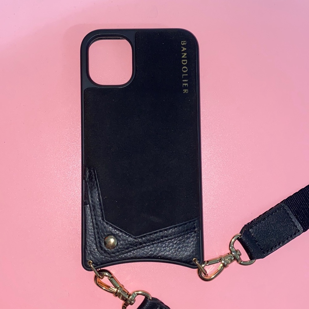 Black iPhone 11 bandolier phone case with nylon strap